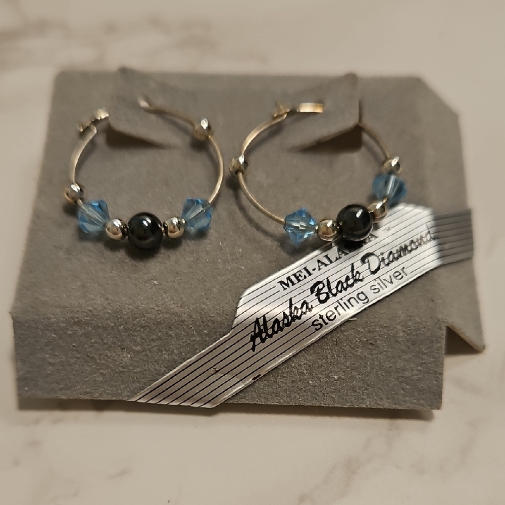 NWT Alaska Black Diamond Sterling Silver Hoop Earrings with Blue Accents